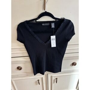 Dana Buchman NWT‎ Black Short Sleeve Vneck Ruffle Trim Casual Basic Small